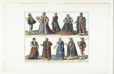 英国式の服を着た 5 人の男性と 5 人の女性のダブル プレート、1580 年頃 衣装アングレ (オブジェクトのタイトル) 作： Anonymous