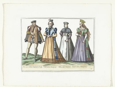 1580 年頃、ダンツィヒでドイツのファッションに合わせて服を着た男性と 3 人の女性 コスチューム アルマン (オブジェクトのタイトル) 作： Anonymous