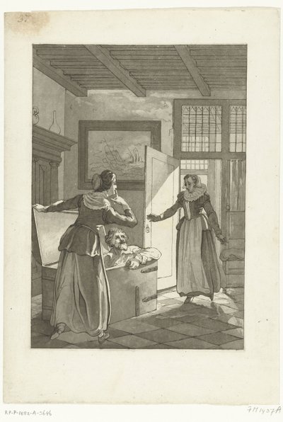Elsje van Houweningen が本棚で Hugo de Groot を捕まえる、1621 年 作： Anonymous