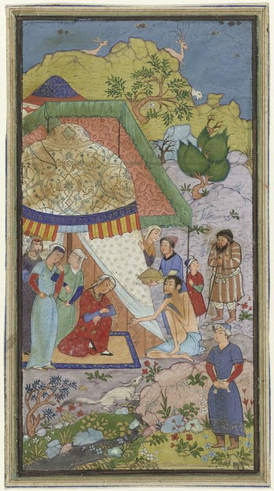 Laila と Majnun のラブ ストーリーからのエピソード、テントの前で Laila と話している Majnun 作： Anonymous