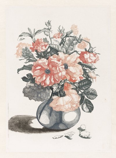 ガラスの花瓶の花の 5 つのプリント 花が入ったガラスの花瓶、その花びらの横に 作： Anonymous