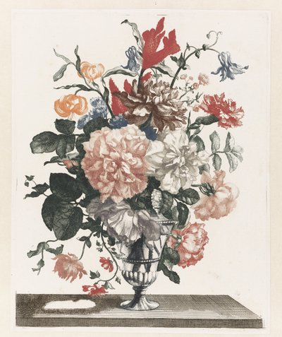 ガラスの花瓶の花の 5 つのプリント 花と足の上のガラスの花瓶 作： Anonymous