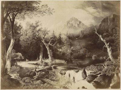 （おそらく）山、木、水辺の女性のいる風景の版画の写真複製 作： Anonymous