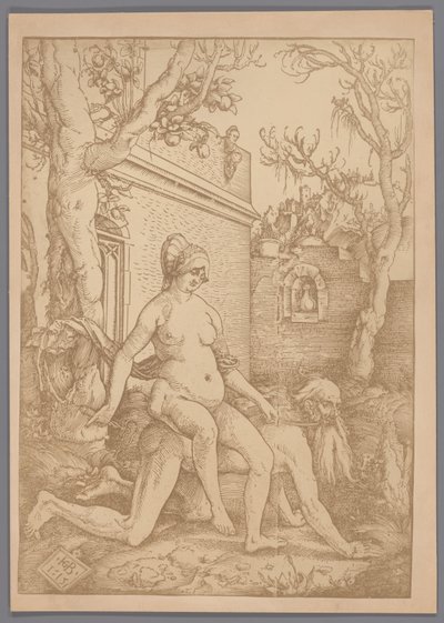 Hans Baldung Grienによる木版画のアリストテレスとフィリスの写真複製 作： Anonymous
