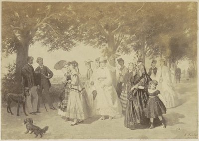 公園を散歩する女性と男性の絵の複製写真 作： Anonymous