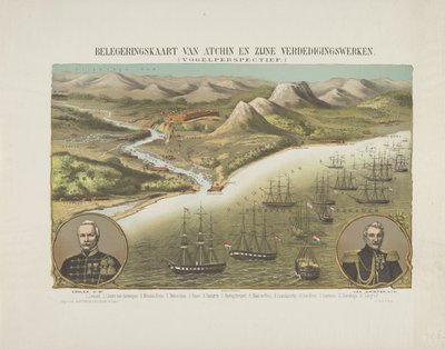 第二次アチェ遠征中のアチェの眺め、1873～1874年 Atchin とその防御の包囲マップ。 (鳥瞰図) (オブジェクトのタイトル) 作： Anonymous