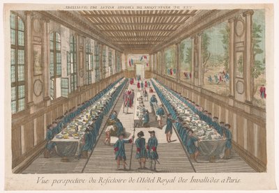 パリのオテル デ アンヴァリッドのダイニング ルームで食事をしているグループの様子 Vue perspective du refectoire de l