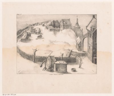 雪に覆われた柵で囲まれた集落の眺め 作： Anonymous