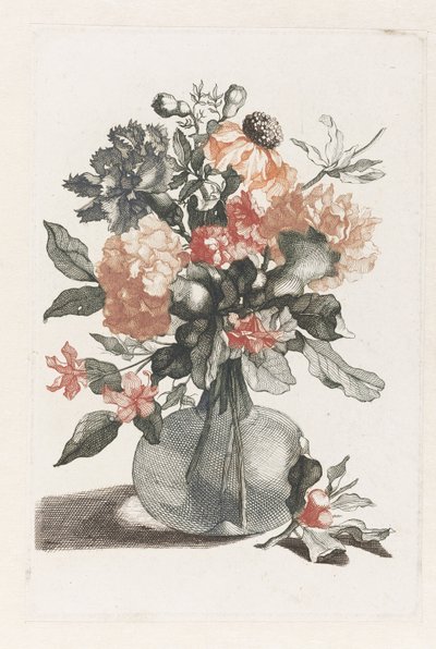 花が入ったガラスの花瓶と、花瓶の前に花が咲いた枝 作： Anonymous