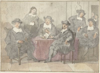 テーブルの周りに座ったり立ったりしている 6 人の紳士のグループ ポートレート 作： Anonymous