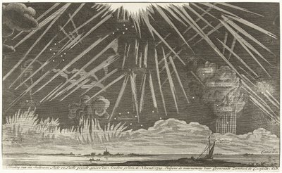 天体現象、1729年 1729 年 11 月 16 日の夕方に見られたセルトツァメの光と空の眺めの画像。Coenraadt Zumbach de Croesfeldt M.D. (オブジェクトのタイトル) 作： Anonymous