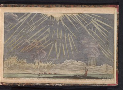 天体現象、1729年 1729 年 11 月 16 日の夕方に見られたセルトツァメの光と空の眺めの画像。Coenraadt Zumbach de Croesfeldt M.D. (アイテムのタイトル) 作： Anonymous