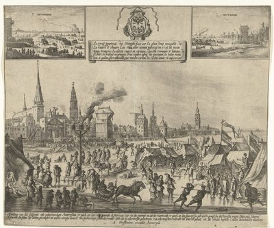 1684 年、アントワープの凍ったスヘルデ川での氷のエンターテイメント Le vray poutraict, du Triomphe faict sur la glace demy navigable, de la riviere d