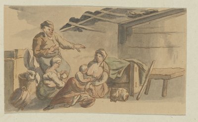 餌をやる女性 2 人、子供 2 人、男性 1 匹、猫 1 匹のインテリア 作： Anonymous