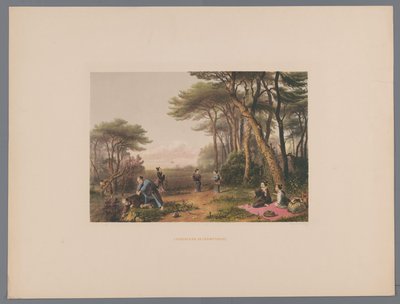きのこを探す日本人男女 Chercheurs de champignon (オブジェクトのタイトル) 日本の記念品 自然の風景 avec texte par le comte de Lijnden (シリーズ タイトル) 作： Anonymous