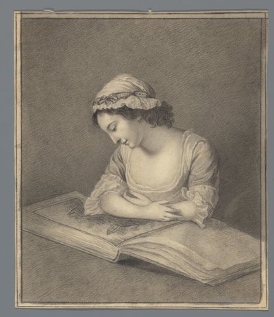 絵本を持つ若い女性 作： Anonymous