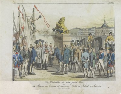 Komst van de Souverein Vorst te Amsterdam、1813年。 古き良き時代への回帰、(...)オランダの主権公子としてのオラニエ公、アムステルダム (オブジェクトのタイトル) 作： Anonymous