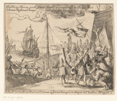 1689 年、フランス軍と共にアイルランドに向けてブレストを出発するジェームズ 2 世 ジェイコブ王はダヴォー伯爵を伴ってブレストから出て行き、フランス軍と像と吊るすためのロープでいっぱいの船 / K: ジェイコブはダヴォー・アン・フランと共にブレストを出発する 作： Anonymous