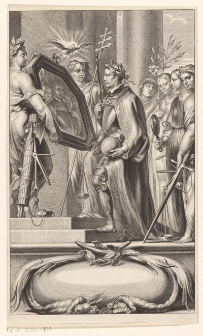 King は Justice and Faith によって反映されます タイトルページ: Petrus Belluga and Camillo Borello, Speculum principum, 1655 作： Anonymous