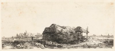 コテージと干し草の納屋のある風景: 長方形 作： Anonymous