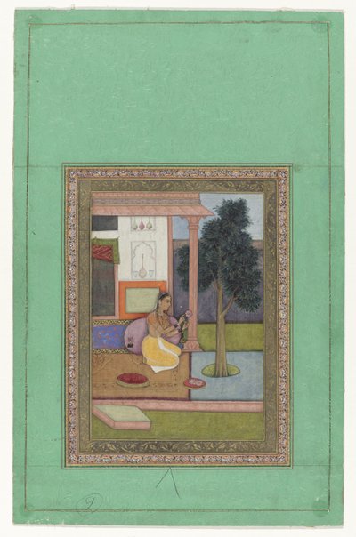Malavashri ragini、家の前で蓮の花を持ってひざまずく女性 作： Anonymous