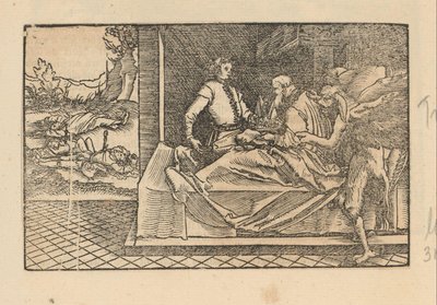 死の床で悪魔に抱かれた男が王冠を別の人に手渡す 作： Anonymous