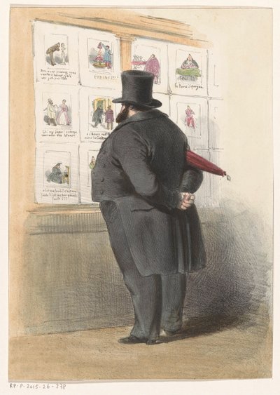 版画を持った店の窓の前にいる男性 作： Anonymous