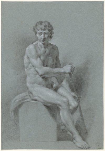 丸太の上に座る裸体の男性、両手に棒（漕ぎ？） 作： Anonymous