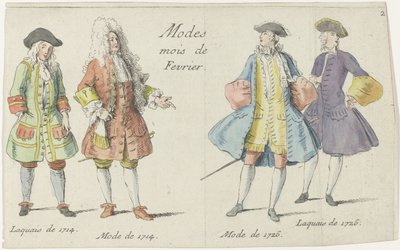 Modes Mois de Fevrier (オブジェクトのタイトル) 1714 年と 1726 年の流行に合わせて着飾った 4 人の男性 メルキュール ド フランス (シリーズ タイトル) 作： Anonymous