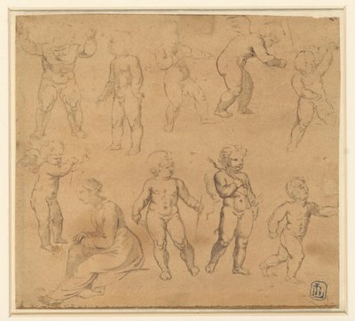 Putti と左側に座っている女性の 9 つの習作 作： Anonymous