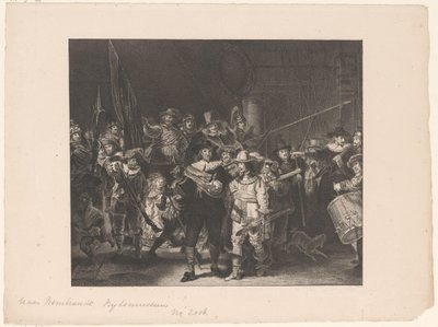 Frans Banninck Cocq大尉とWillem van Ruytenburch中尉が率いるアムステルダムの第2地区の将校とその他の民兵、「夜警」として知られる 作： Anonymous