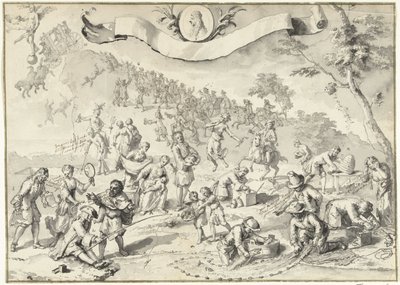 版画のデザイン画 強欲がフォーチュナを追い抜こうとする、1720年 The Great Table of Folly (シリーズタイトル) 作： Anonymous