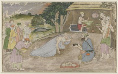 庵にいる古代インド・イスラム教の聖人、贈り物を持った人々に囲まれている 作： Anonymous