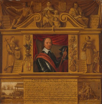 オリバー・クロムウェルの肖像画、寓話的な人物と歴史的表現のある額縁 作： Anonymous