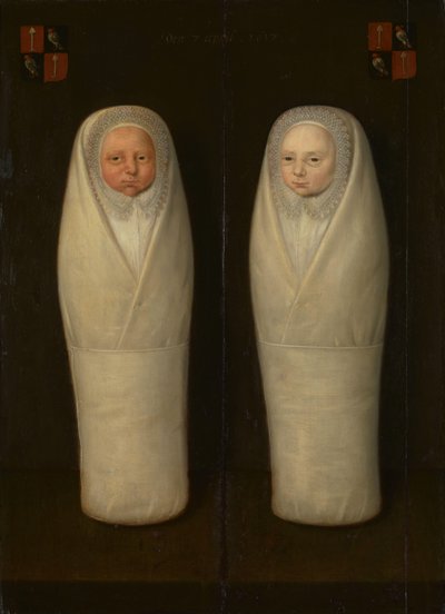 くるまれた双子の肖像: ヤコブ・デ・グラフとエルトゲ・ボーレンスの早世の子供たち 作： Anonymous