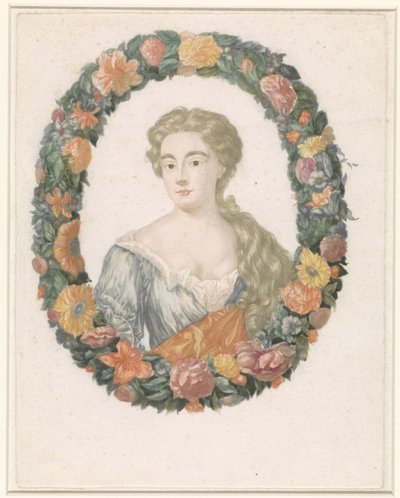花の花輪の女性の肖像画 作： Anonymous