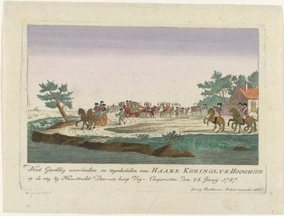 1787年、ゴエヤンフェルウェルスルイスで逮捕されたオレンジの王女 Haare Koninglyk の大規模な攻撃と停止 Haastrecht 近くの道路で多くの Free Corporists によって Hooghied されました。 28. 1787 年 6 月 (オブジェクトのタイトル) dについての着色されたドイツの版画 作： Anonymous