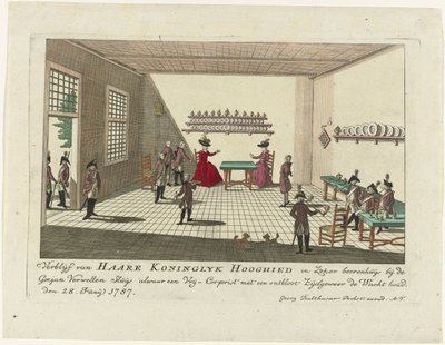 Goejanverwellesluis の待合室にいるオレンジの王女、1787 年 Haare Koninglyk Hooghied の住居 Goejan Verwellen Sluijs 近くの特定の農家の家で、裸の Zijdrifle を持つ Free Corpist が監視しています。 1787年6月28日（オブジェクトのタイトル 作： Anonymous