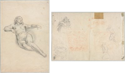 リクライニング女性ヌード (直腸); 人物と植物のさまざまなスケッチ (裏面) 作： Anonymous