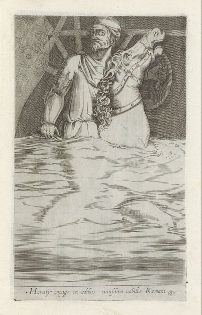 Reliëf van Horatius Cocles te paard die de Pont Sublicus in het water veridrt ローマの貴族の家にあるホラティの像（オブジェクトのタイトル） ローマのアンティーク彫刻（シリーズタイトル） 公共の場所で見られるローマ市の古代の彫像のうち、私は 作： Anonymous