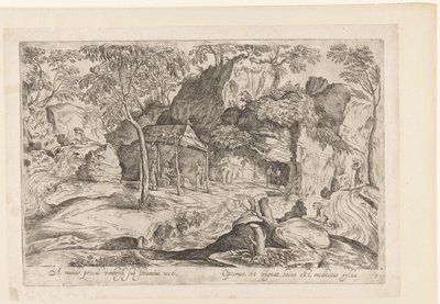 Rotsachtig landschap met dak op palen en rechts leeuw 世界から遠く離れた、茅葺き屋根の下で保護された/繁栄するのに最適な場所は、森の瞑想です（オブジェクトのタイトル） Landschappen naar Domenico Campagnola (シリーズ タイトル) 作： Anonymous
