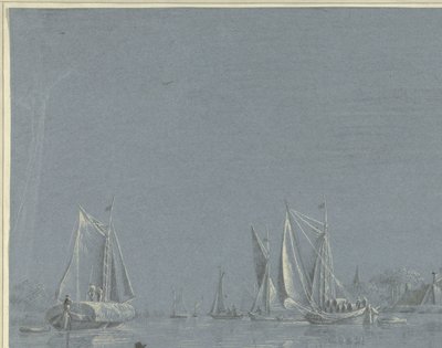 手漕ぎボートの前景で、水にバージします。 作： Anonymous