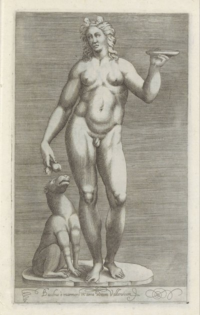 Sculptuur van Bacchus en een hond バッカスとヴァレンス宮殿の大理石 (オブジェクトのタイトル) ローマのアンティーク彫刻（シリーズタイトル） 公共の場で見られるローマ市の古代彫像のアイコン (シリーズ タイトル) 作： Anonymous
