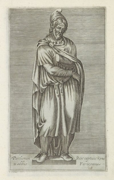 Sculptuur van een 野蛮な囚人 ファルネシア宮殿のローマのパルティア人の捕虜の王（オブジェクトのタイトル） ローマのアンティーク彫刻（シリーズタイトル） 公共の場所で見られるローマ市の古代の彫像のアイコン (シリーズ タイトル) 作： Anonymous