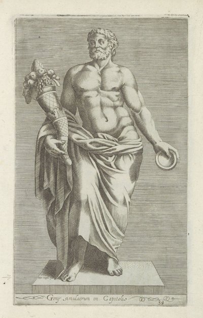 Sculptuur van een man met een hoorn des overvloeds 国会議事堂の Geny 像 (オブジェクトのタイトル) ローマのアンティーク彫刻（シリーズタイトル） 公共の場所で見られるローマ市の古代の彫像のアイコン (シリーズ タイトル) 作： Anonymous