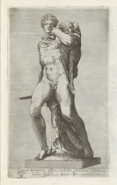 Sculptuur van keizer Commodus als グラディエーター グラディエーターの衣装を着た快適な皇帝の肖像 (...) (オブジェクトのタイトル) ローマのアンティーク彫刻（シリーズタイトル） 公共の場所で見られるローマ市の古代の彫像のアイコン (シリーズ タイトル) 作： Anonymous