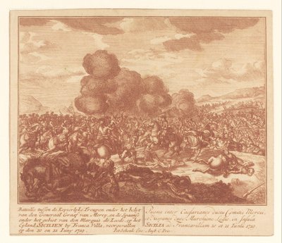 1719年6月、シチリアでの帝国軍とスペイン人との戦い 慈悲の将軍の指揮下にあるケイザーライケ・トルーペンと、マーキス・ド・リードの指揮下にあるスペイン人の間のバタイユ（...）（オブジェクトのタイトル） 作： ピーター・シェンク（II）