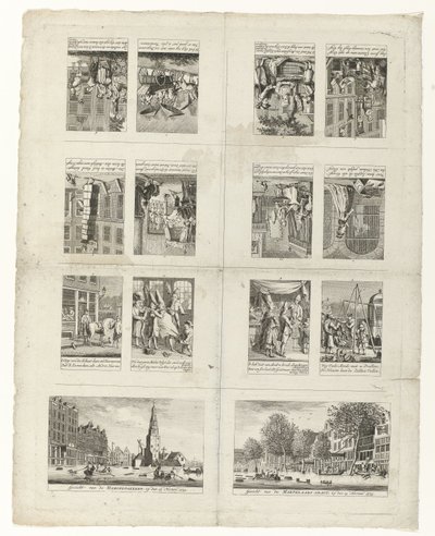 1775 年の洪水時のファッションとアムステルダムの 2 つのビューに関する漫画 作： Anonymous
