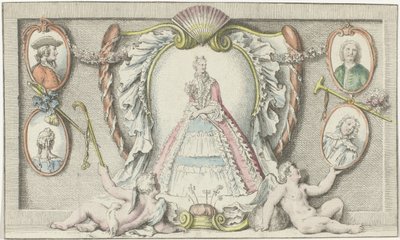 立っている女性、2 つのプッティと 4 つのメダリオン 1730年代のファッション メルキュール ド フランス (シリーズ タイトル) 作： Anonymous