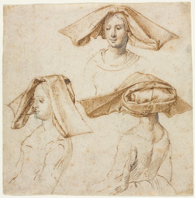 精巧な頭飾りを身に着けている女性の 3 つの研究 作： Anonymous